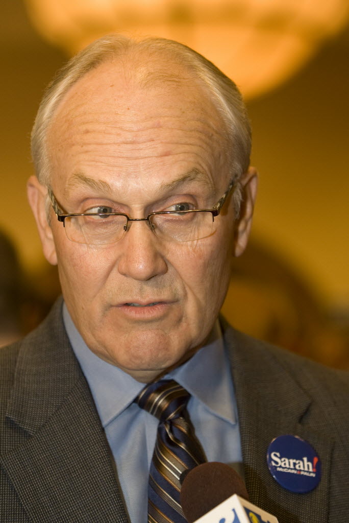 In this Oct. 4, 2008 file photo Idaho U.S. Sentor Larry Craig talks with the media at the Idaho Republican party in Boise, Idaho. - larrycraig