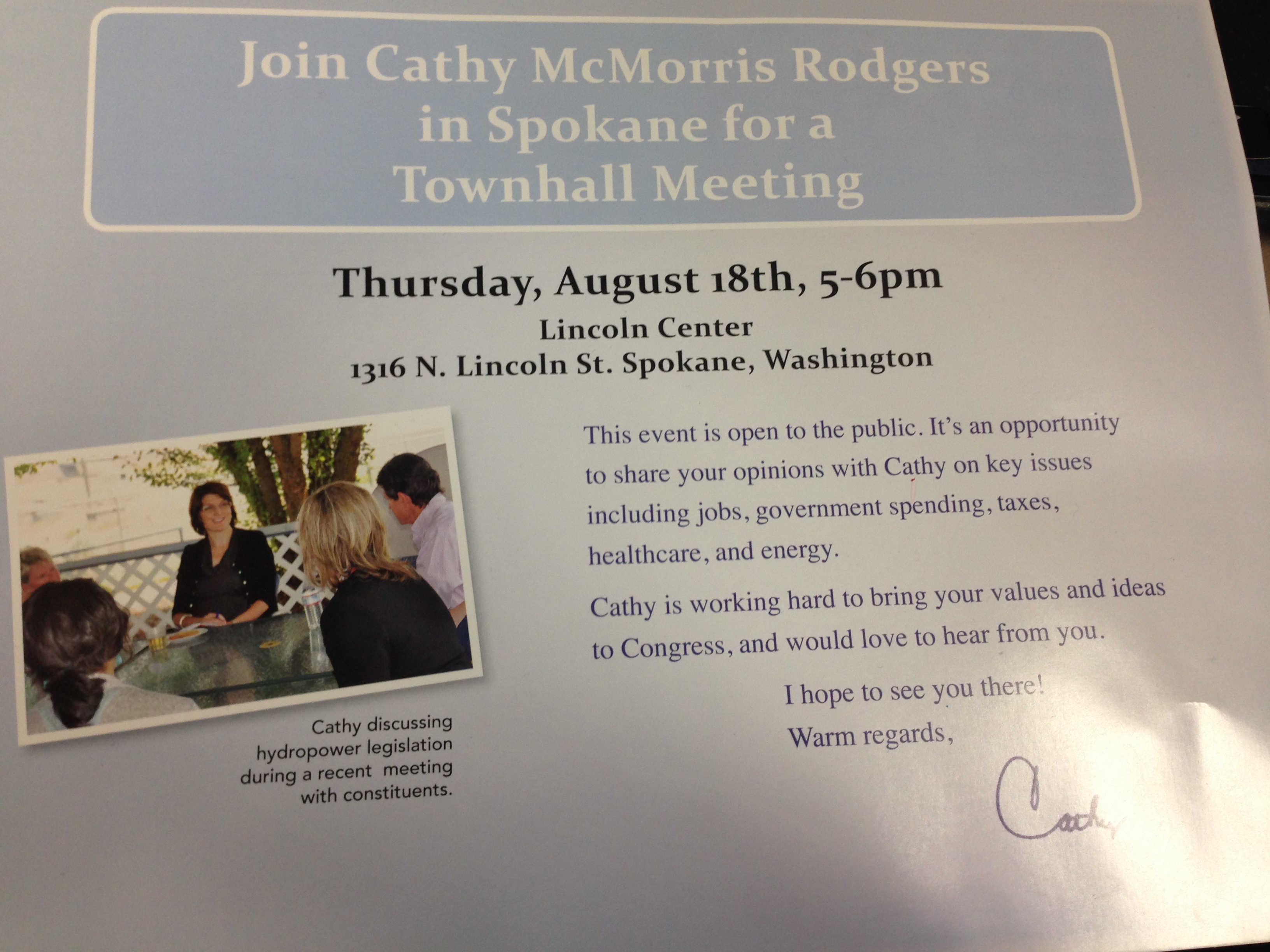 A Cathy McMorris Rodgers mailer lists the wrong date for a town hall meeting