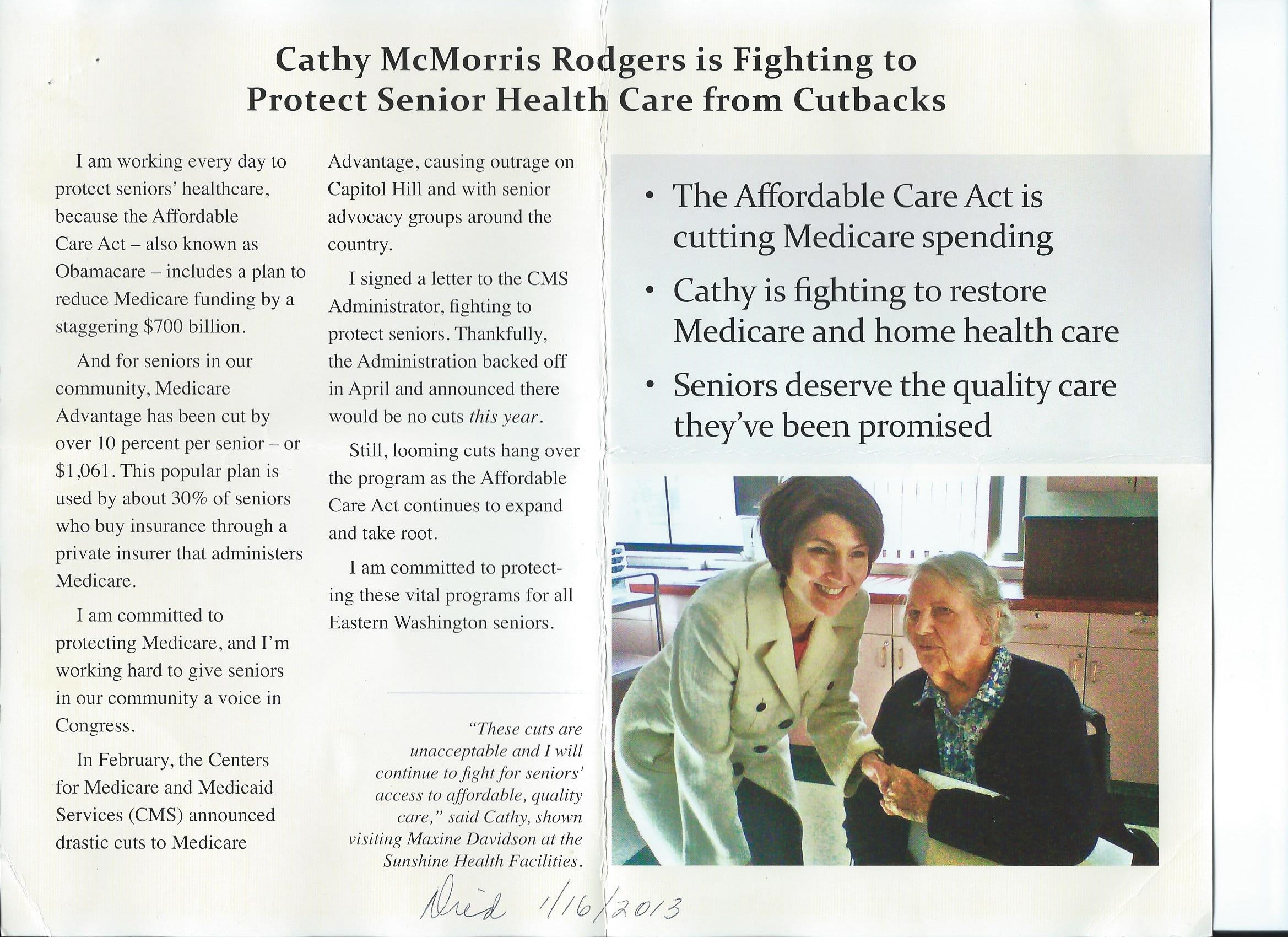 Maxine Davidson shakes Cathy McMorris Rodgers' hand in a picture on a mailer sent out this month.