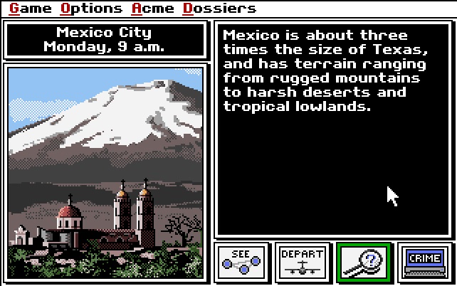 A screenshot of 1989's Carmen San Diego video game