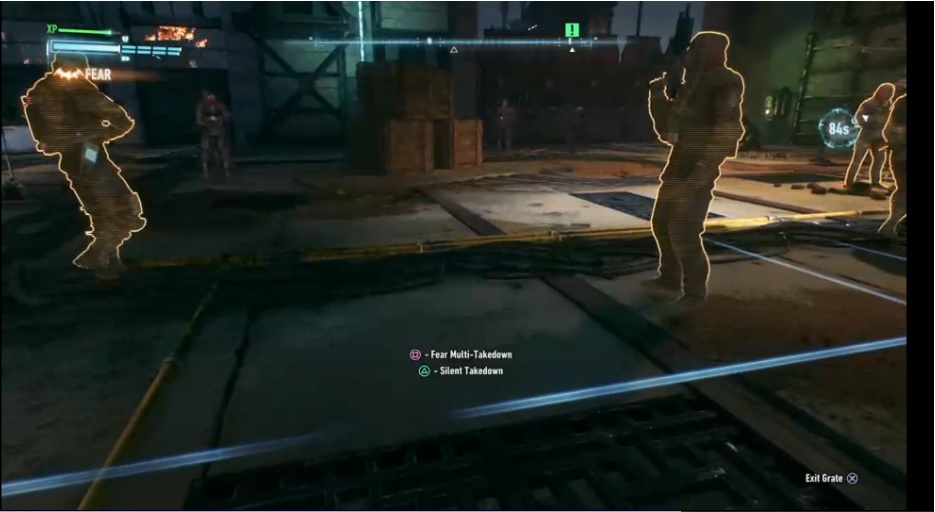 An in-game screenshot of combat in "Arkham Knight"