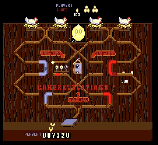 Screenshot of "Chicken Shift," a 1984 arcade game