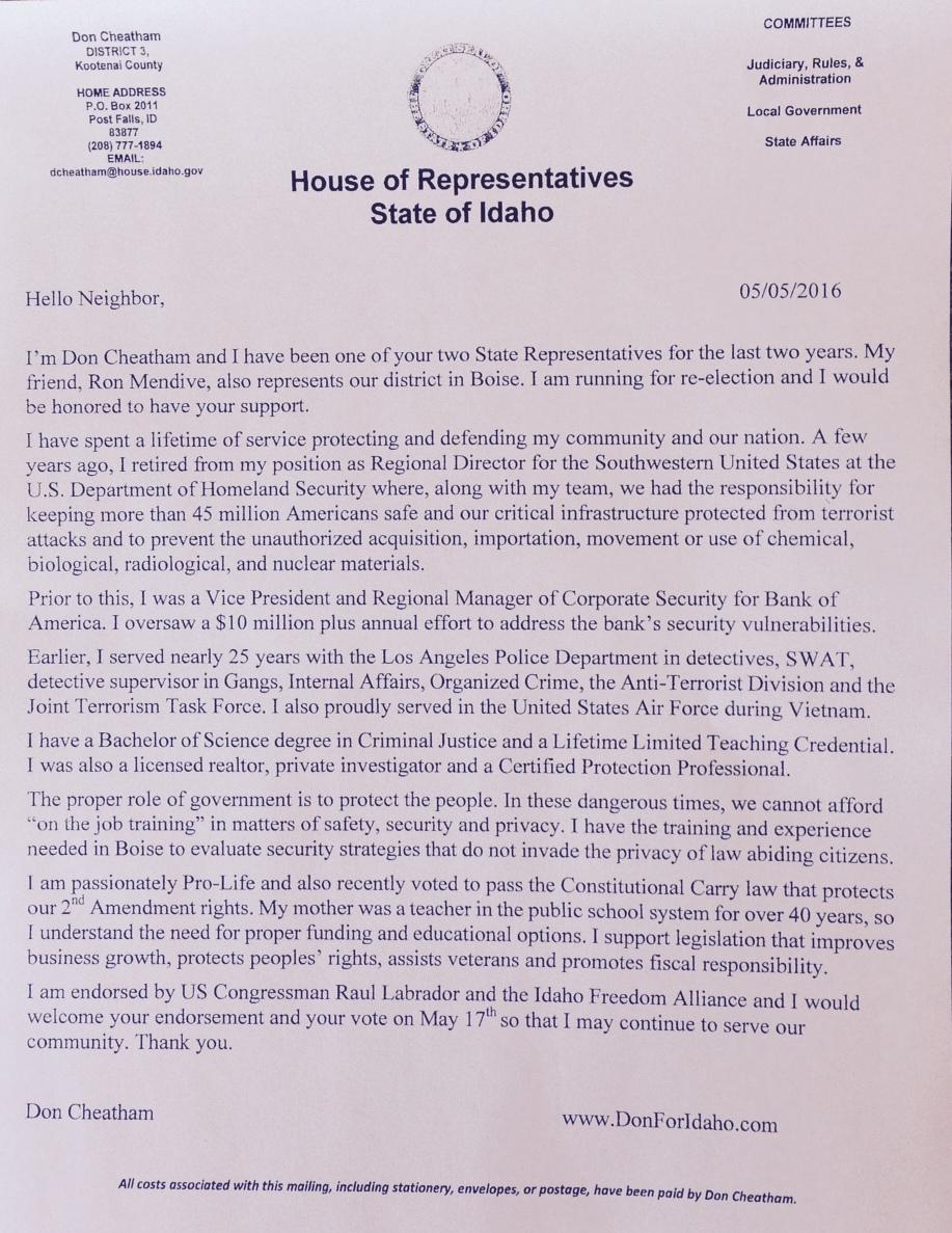 Rep Cheatham S Campaign Letter On What Appears To Be Copy Of