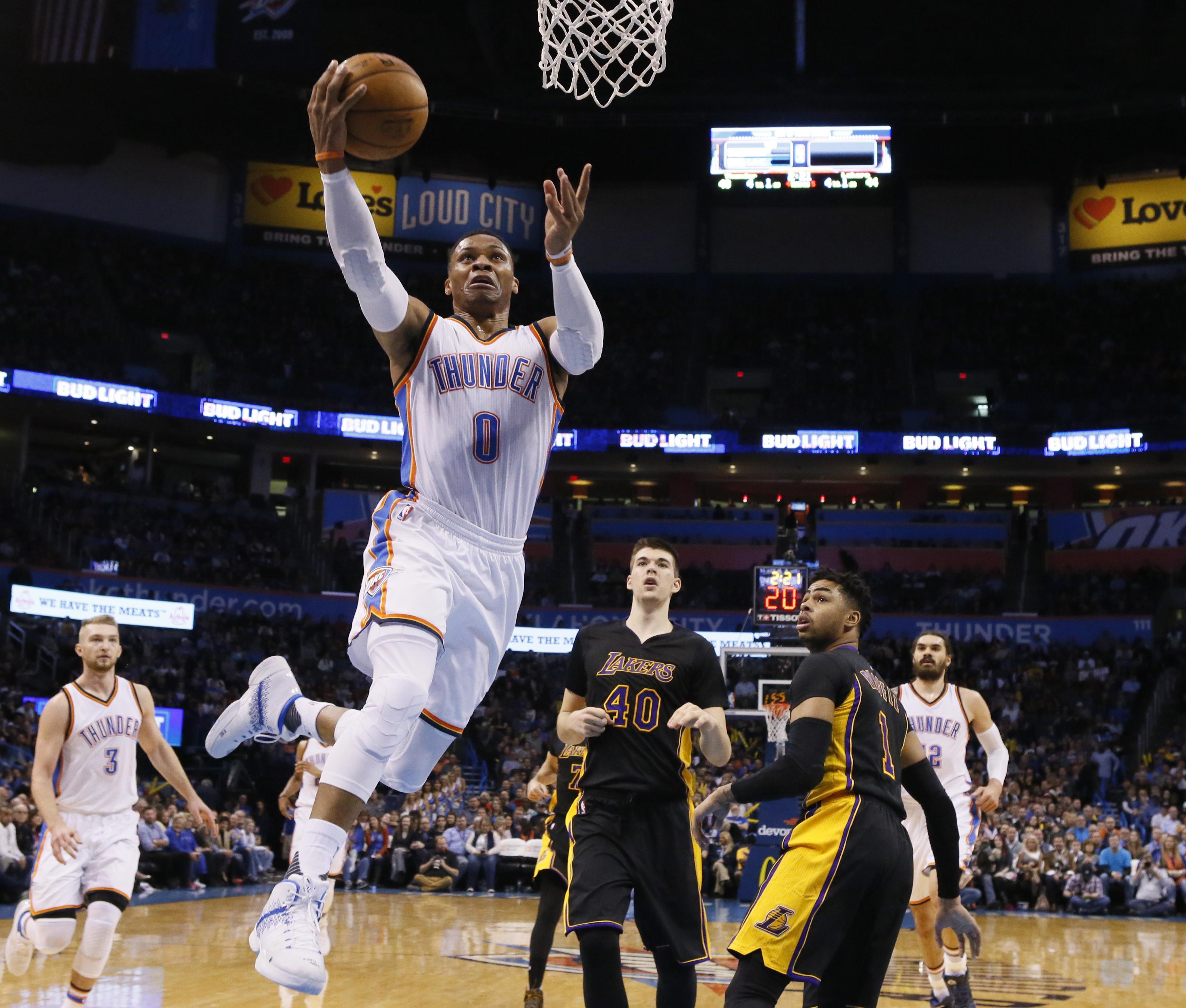 Los Angeles Lakers guard Russell Westbrook (0) dunks against the