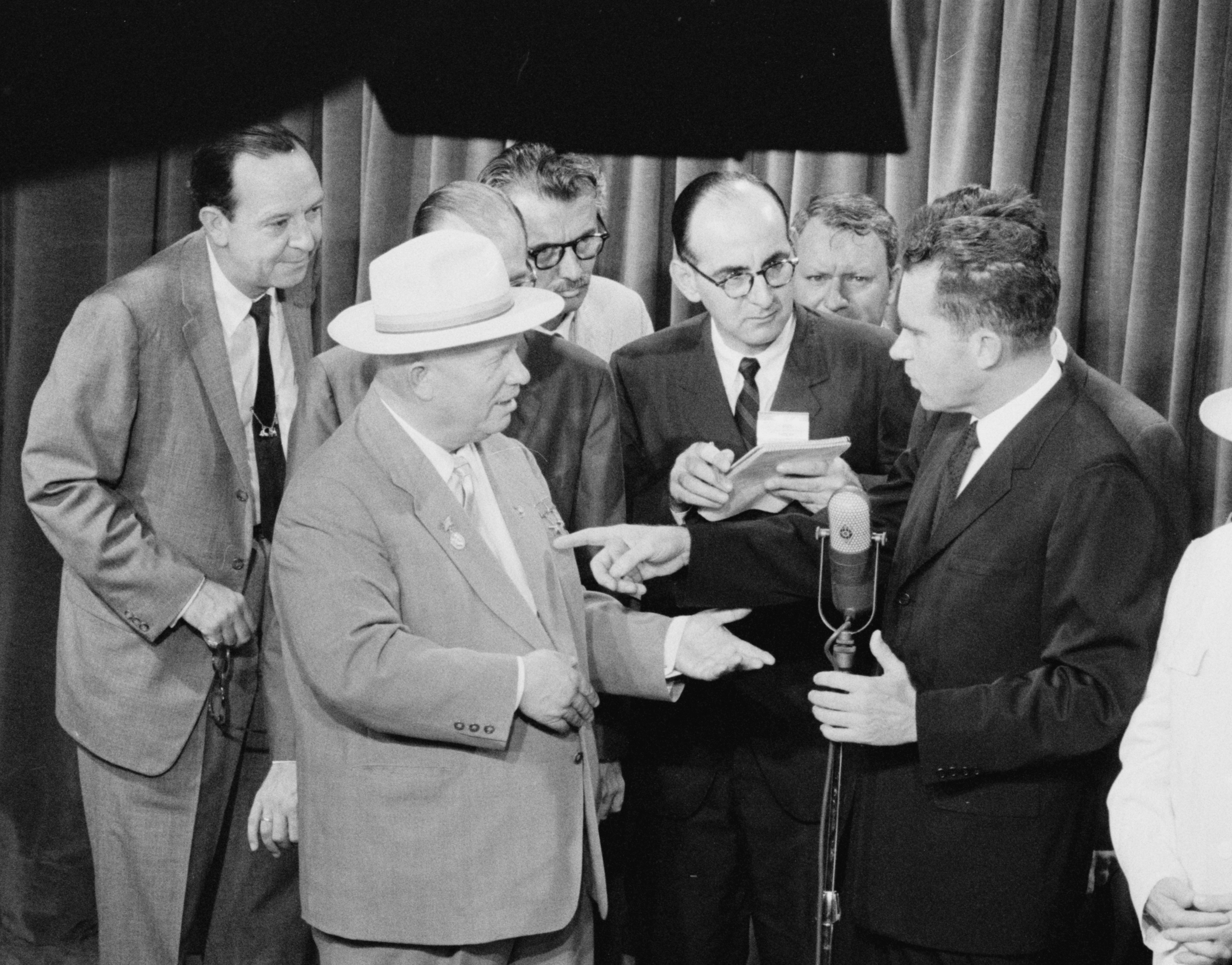 Khrushchev and Nixon trade insults during the Kitchen Debate on July 24, 1959. Credit to Library of Congress.