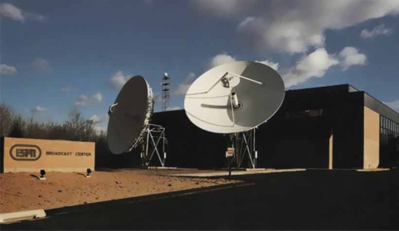 The first two satellite dishes at the ESPN facility in Bristol, Connecticut.