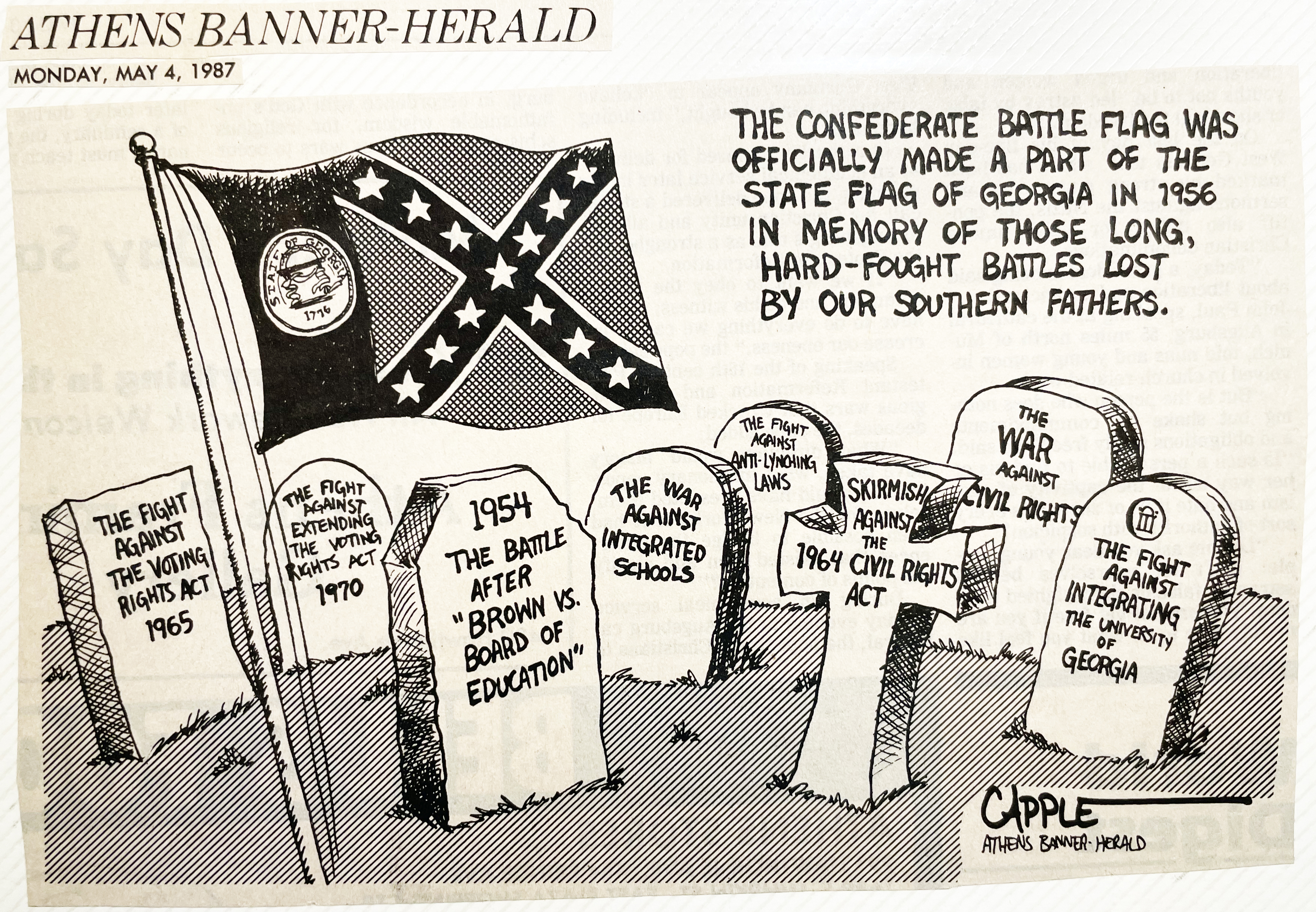 Every year, African-American members of the state legislature would introduce a bill to remove the Confederate Battle Flag from the state flag. Thirty-seven years later, I feel like this was the very best cartoon I ever came up with. For what it's worth, they finally DID remove the old Battle Flag in 2001.