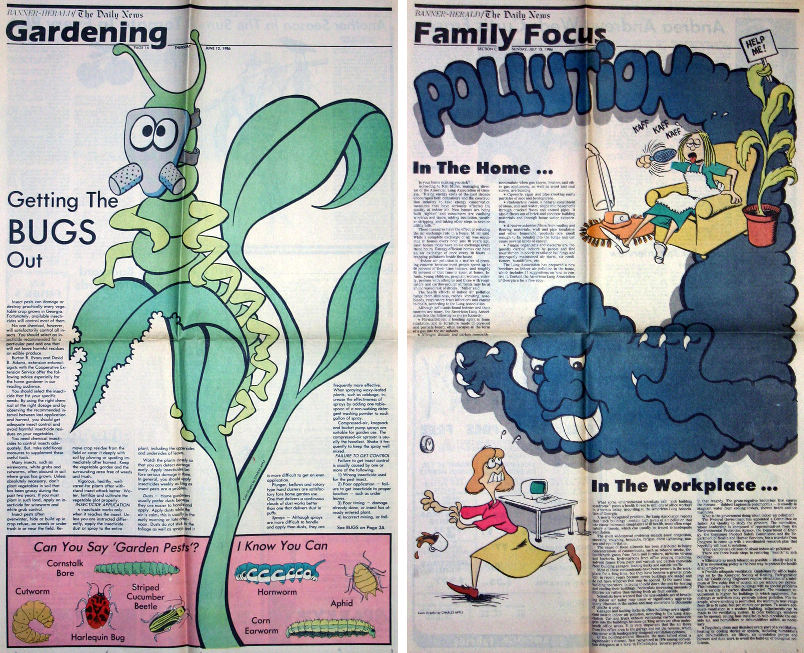 I also used my cartooning skills in the rest of the paper as well. These are two of my attempts to break out of the standard news design mode to create different-looking -- and, hopefully, interesting -- features section fronts. Both are from the summer of 1986.