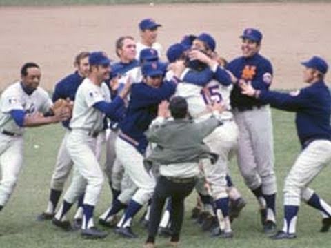 Gleeful Mets rush pitcher Jerry Koosman on the mound at Shea Stadium on Oct. 16, 1969. Photo from Major League Baseball