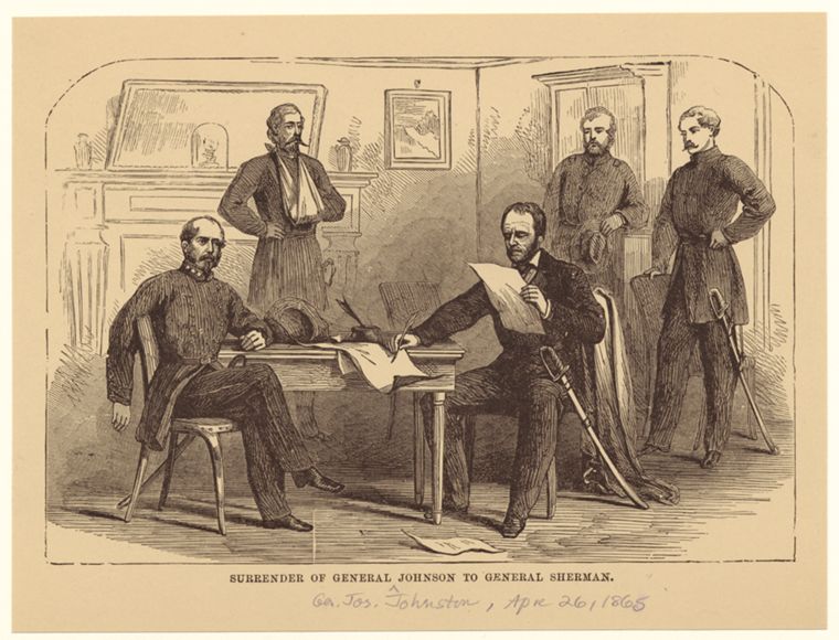 Johnston and Sherman met three times in a farmhouse near what is now Durham, N.C., finally signing a surrender on April 26, 1865. Source: New York Public Library