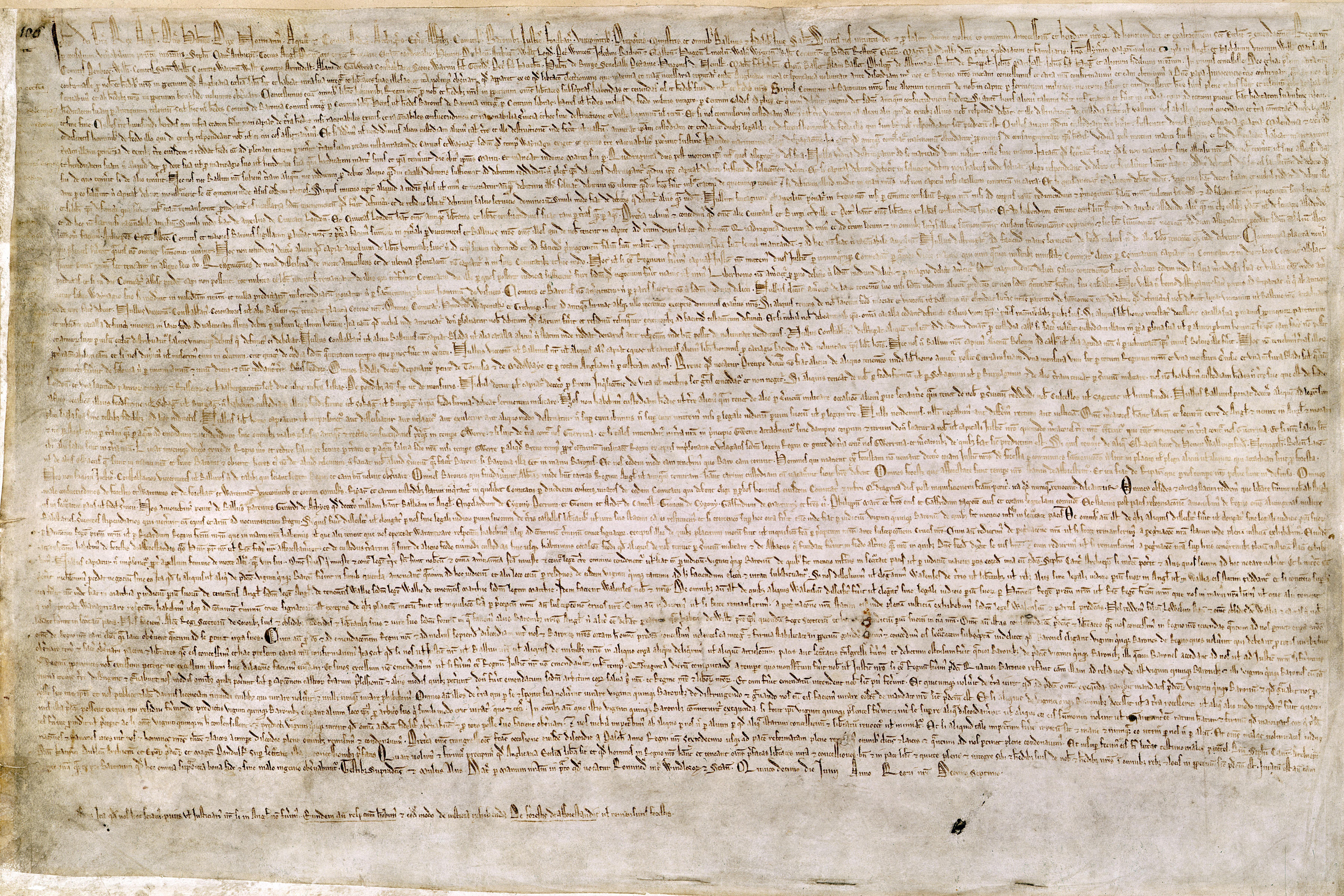 One of four surviving copies of the 1215 Magna Carta, written in irongall ink on parchment in medieval Latin, in the British Library in London. British Library