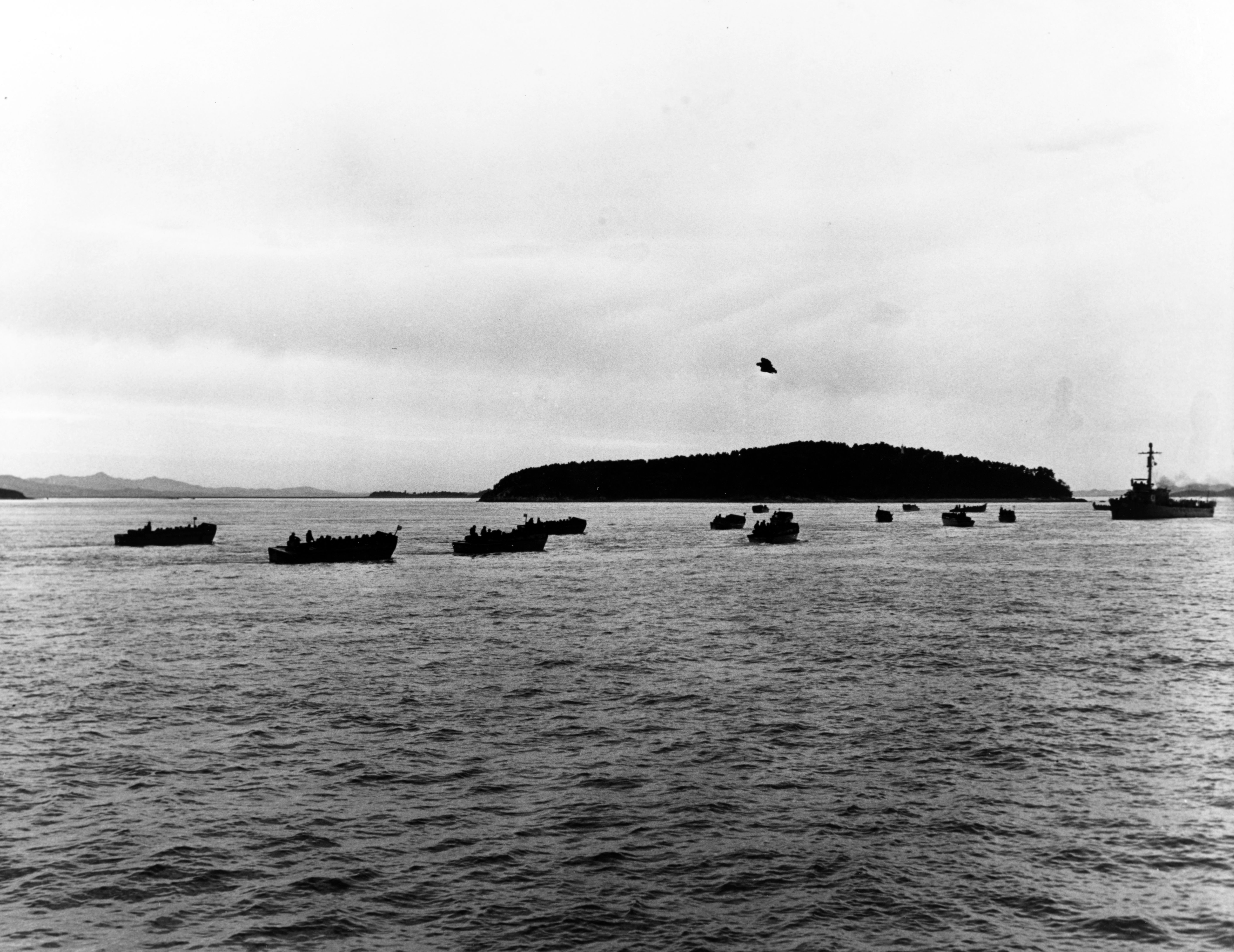 The first wave of U.S. Marines heads for its landing point on Red Beach, on the northern side of the Inchon Invasion Area, on Sept. 15, 1950. Photo from Naval History and Heritage Command.