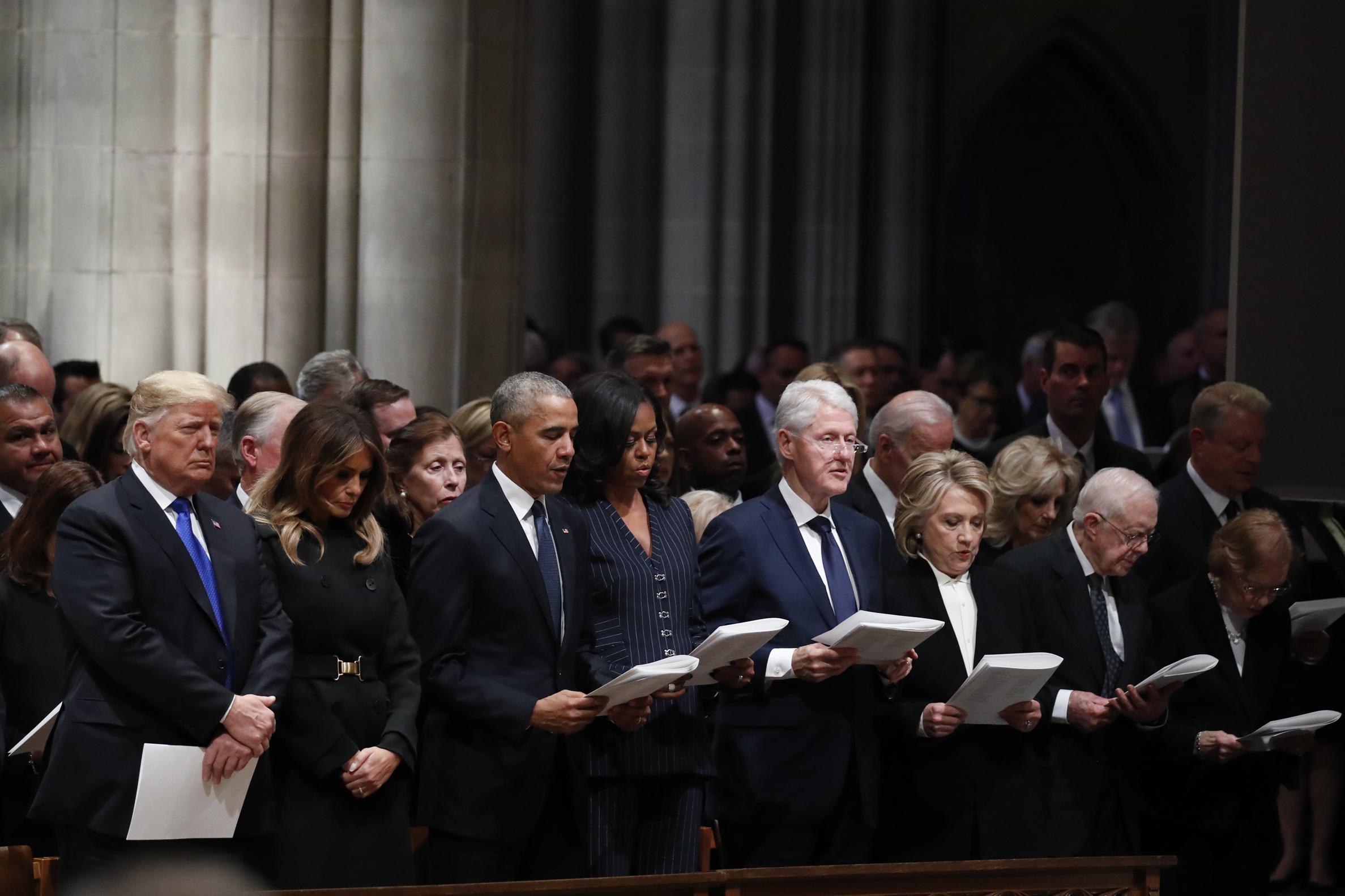 President Trump, former presidents Obama, Clinton and Carter and their wives at the funeral of former president George H.W. Bush in 2018 at the National Cathedral in Washington, D.C. Bush’s son, former president George W. Bush, was there as well. Photo from Alex Brandon, the Associated Press.