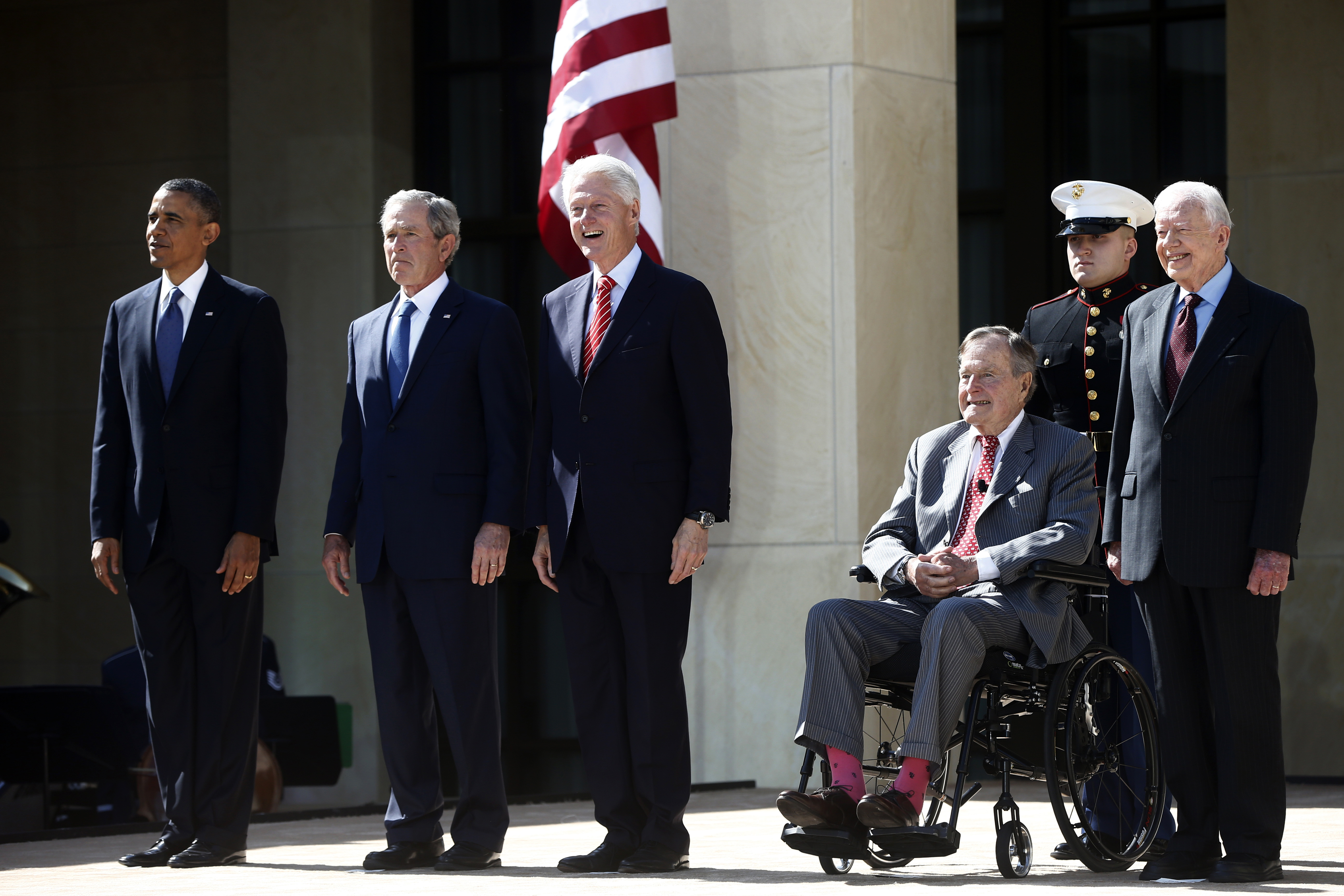 President Obama and former presidents George W. Bush, Clinton, George H.W. Bush and Carter in 2013 at the dedication of the George W. Bush library on the campus of Southern Methodist University in Dallas. Photo from Charles Dharapak, Associated Press.