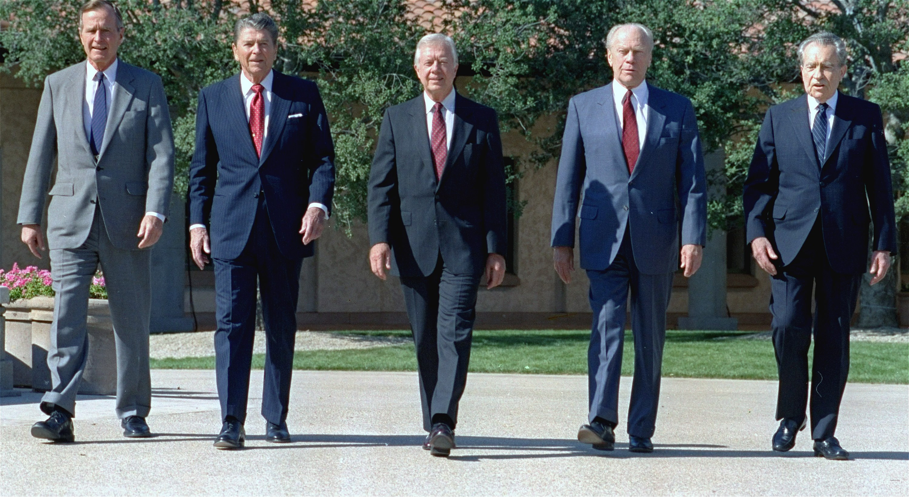 President George H.W. Bush and former presidents Reagan, Carter, Ford and Nixon appear at the opening of the Ronald Reagan Presidential Library in Simi Valley, Calif., in 1991. Photo from Marcy Nighswander, Associated Press.