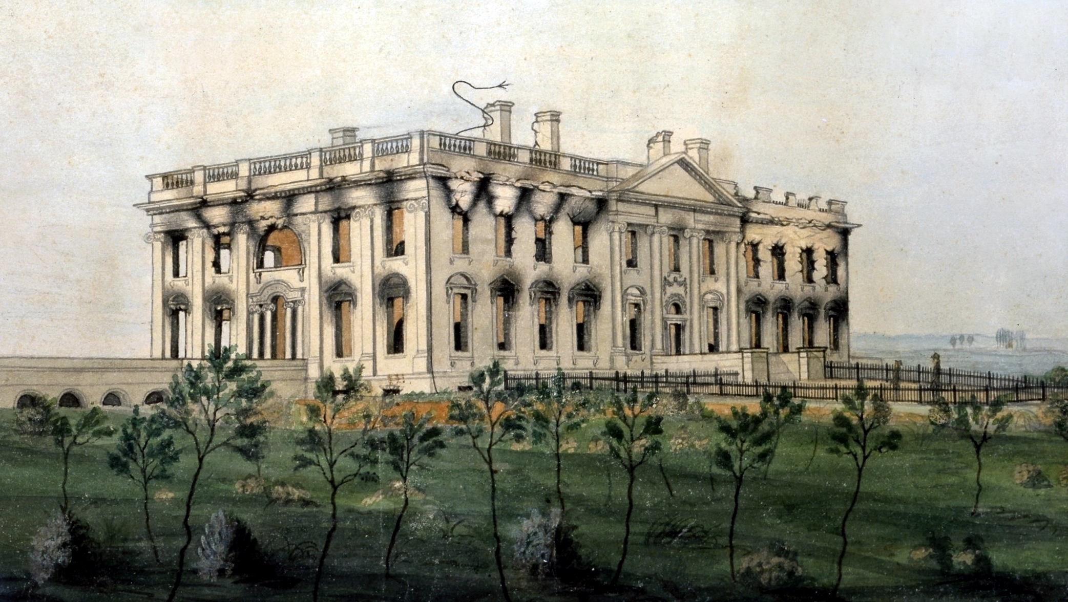 The Executive Mansion after British troops burned it on Aug. 24, 1814. It would be three years before the mansion was habitable again. Photo sourced from The White House.