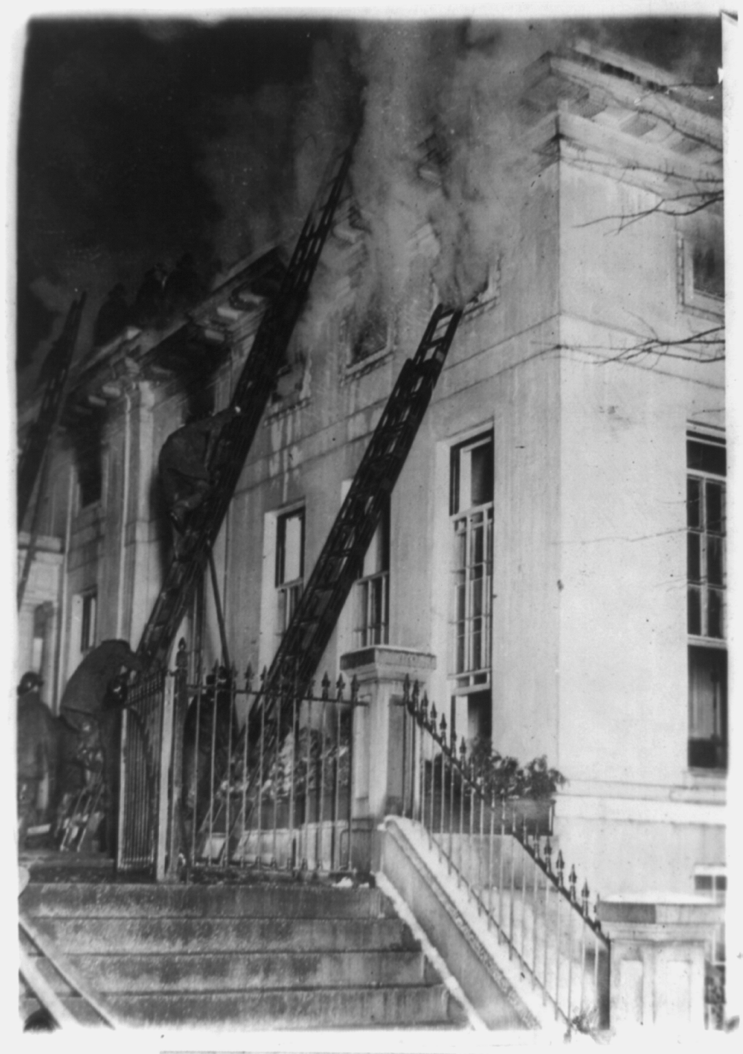 The attic of the West Wing on fire on Dec. 24, 1929. Photo sourced from National Archives.