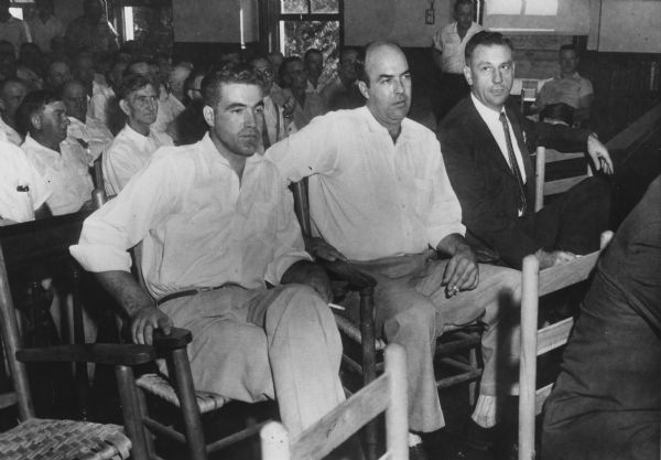 On Sept. 23, 1955 — just 26 days after the murder — Roy Bryant, left, and his half-brother J.W. Milam, center, were acquitted by an all-white, all-male jury. Photo sourced from the Library of Congress