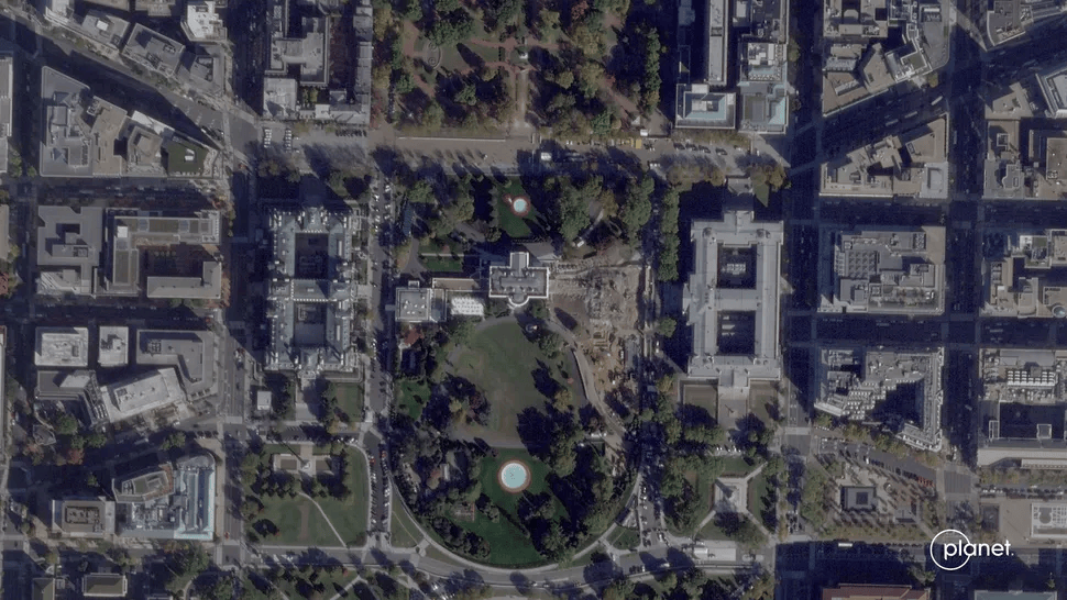 A photo of The White House, provided from Planet Labs PBC showcasing the destruction caused during the renovation of the East Wing.