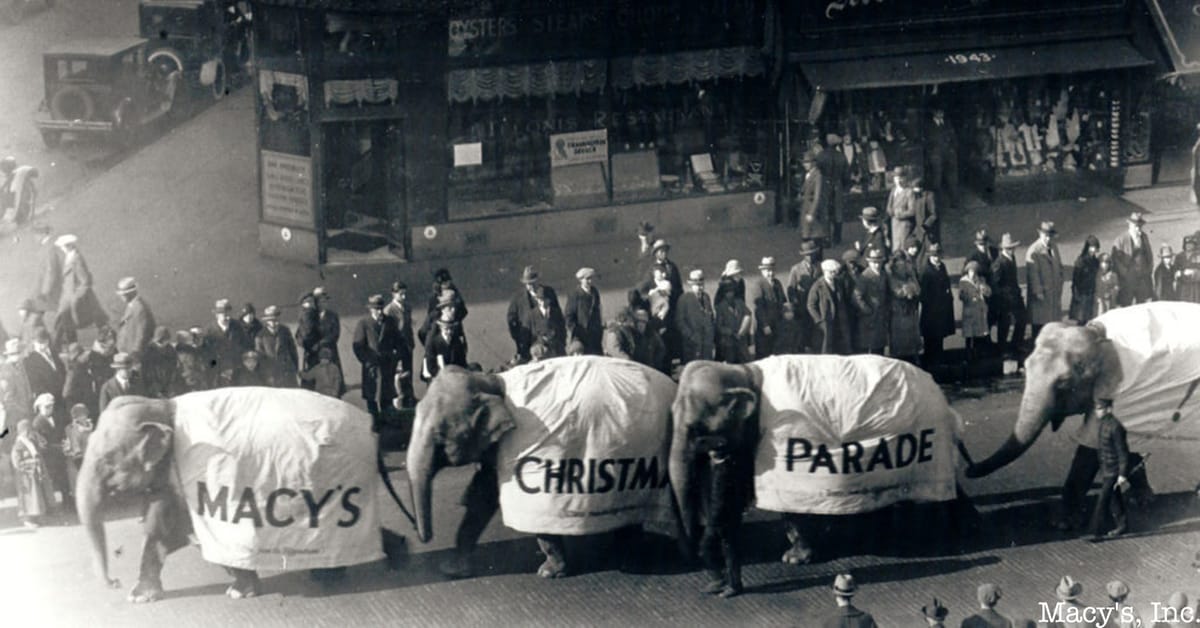 Elephants from the Central Park Zoo march in the 1924 Macy’s parade. Photo from Macy's.