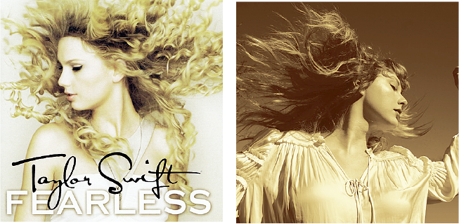 The cover of Swift’s 2008 “Fearless” album and “Taylor’s Version” in 2021.