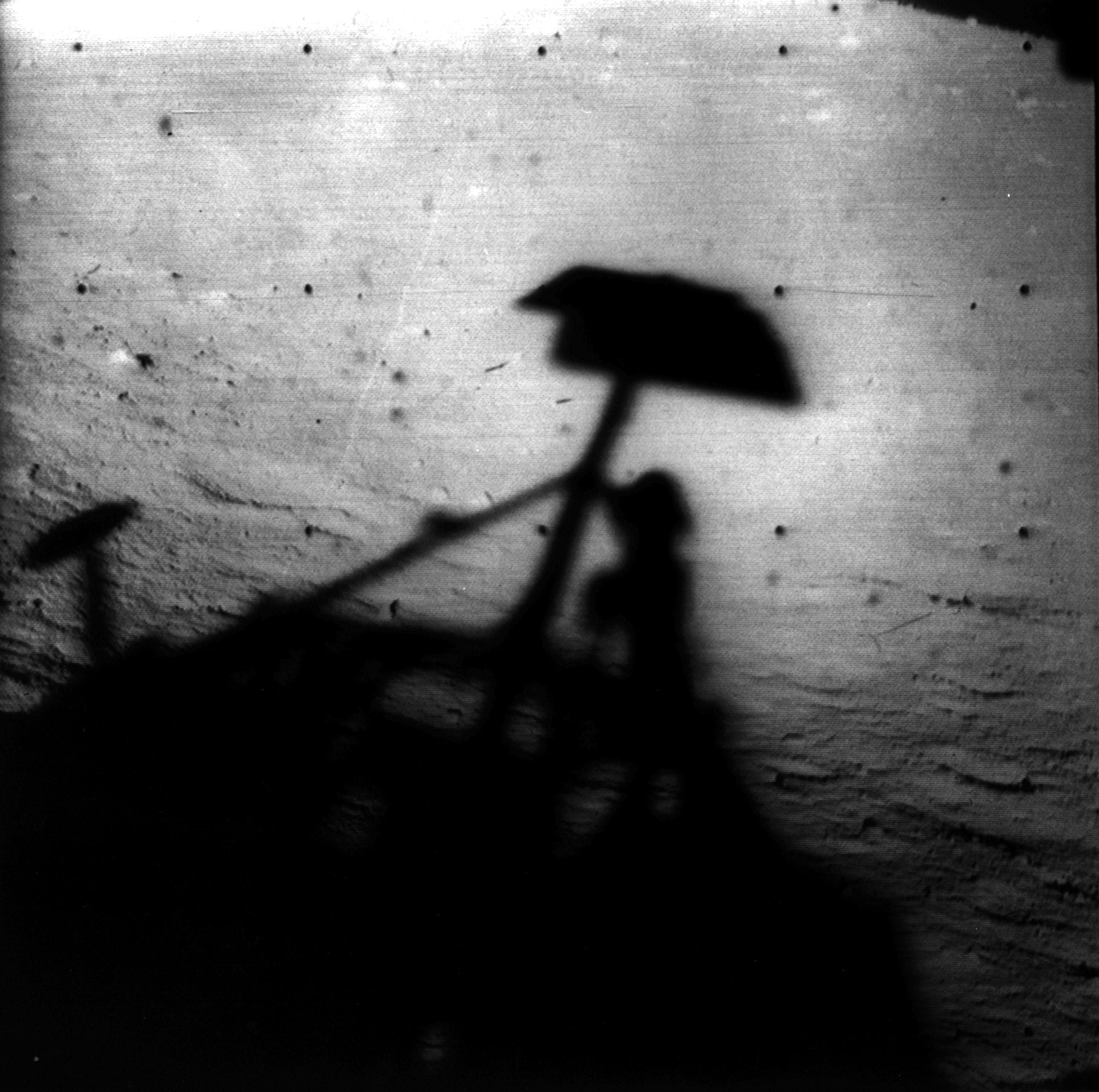 On June 14, Surveyor 1 sent back this photo of its shadow cast by the setting sun. Nights on the moon last 14 Earth days.